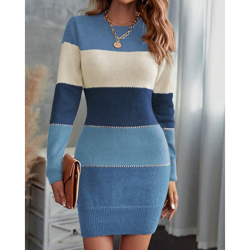 Women's Mini Dress Feather Dress Bodycon Modern Outdoor Going out Weekend Regular Fit Striped Long Sleeve Crew Neck Royal Blue Light Brown Spring Fall2