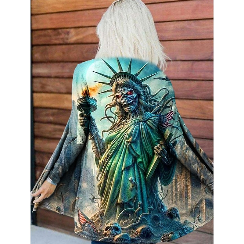 Women's Coat Lightweight Comfortable Print Vintage Artistic Casual Halloween Skull Casual Long Collarless Loose Fit Long Sleeve Outerwear Black Blue Purple Spring Fall