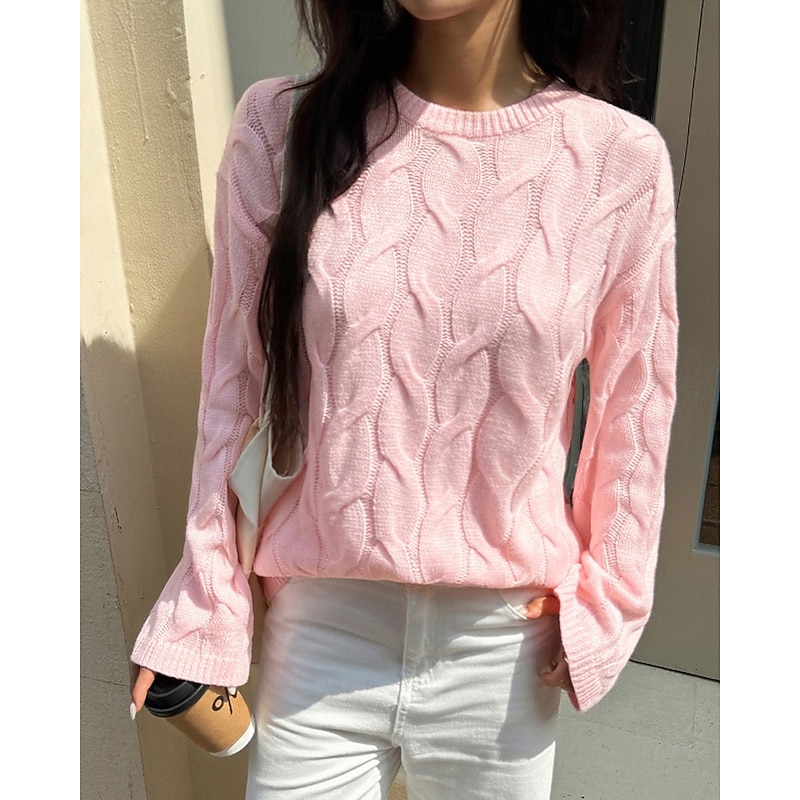 Women's Sweater Pullover Streetwear Casual Solid Color Crew Neck Knitted Long Sleeve Regular Tops Knit Daily Holiday Going out Yellow Pink Fall Winter4