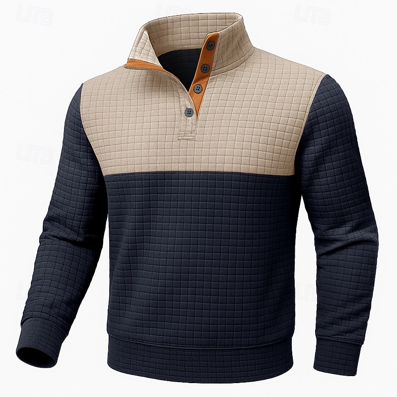 Men's Sweatshirt Waffle Sweatshirt Pullover Hoodie Sweatshirt Pullover Button Up Hoodie Navy Blue Khaki Beige Gray Standing Collar Plain Patchwork Color Block Sports & Outdoor Casual Daily Streetwear4
