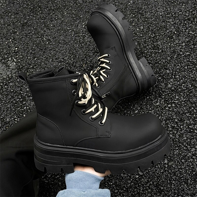 Men's Black Heavy-Duty Lace-Up Combat Boots with Thick Lug Sole, Waterproof Faux Leather, Military Outdoor Style for Work, Hiking and Fashion Wear4