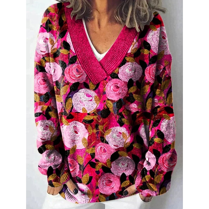 Women's Sweater Casual Soft Floral Ribbed V Neck Knitted Long Sleeve Regular Tops Knit Outdoor Daily Weekend Blue Fuchsia Fall Winter3