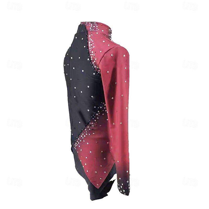 Figure Skating Top Men's Boys' Ice Skating Tops Black+Red Patchwork Asymmetric Hem Spandex High Elasticity Training Professional Competition Skating Wear Classic Crystal / Rhinestone Long Sleeve Ice3