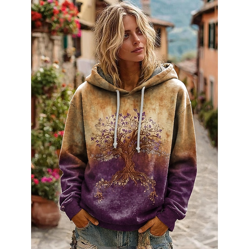 Women's 3D Print Vintage Boho Hoodie Patchwork Hoodie Sweatshirt Floral Pullover Sweatshirt  Elegant Warm Vintage Long Sleeve Hooded  Street Dailywear Casual Patchwork Print Yellow Spring Fall Winter3