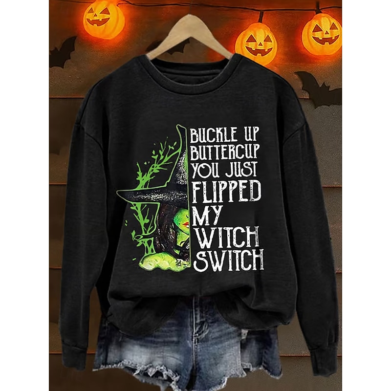 Women's Pullover Graphic Witch Casual Long Sleeve Crew Neck Regular Tops Street Dailywear Casual Print Black White Orange Green Fall Winter3