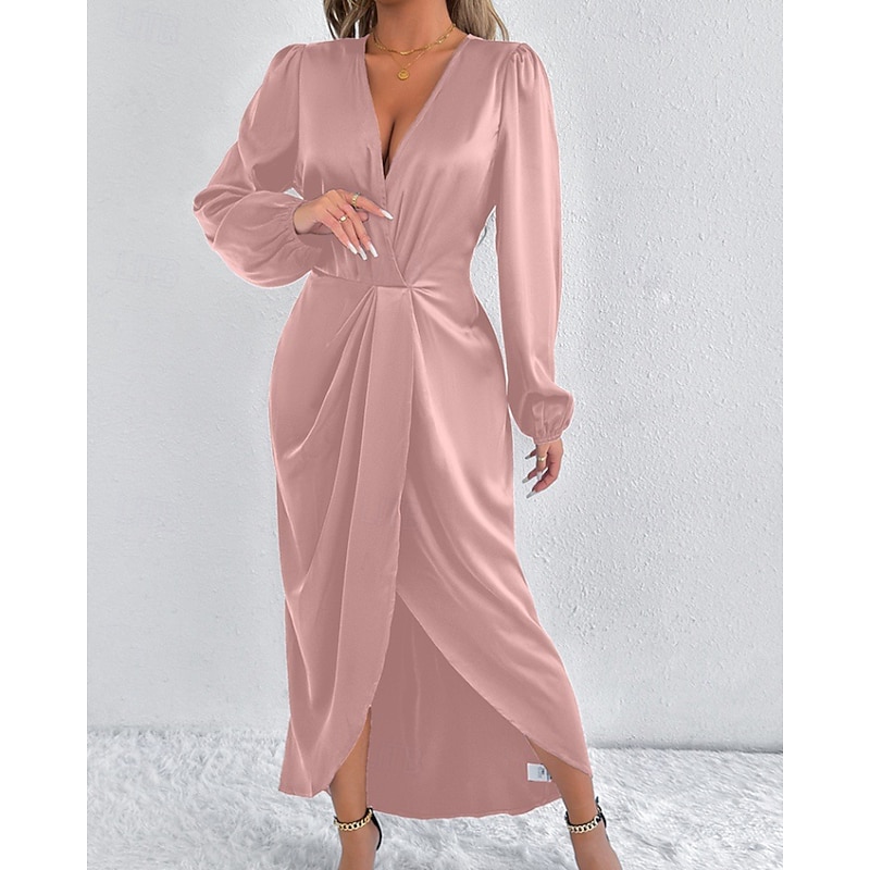 Women's Midi Dress Party Dress Cocktail Dress Satin Dress Elegant Fashion Modern Party Evening Party Regular Fit Plain Long Sleeve V Neck Pink Army Green Dark Green Brown Summer Fall Winter