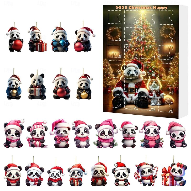 2025 Christmas Panda Countdown Calendar - Acrylic Indoor Decorations - Panda Collectible Baby 2D Ornament Set - Christmas Calendar - 24 Day Countdown Advent Calendar