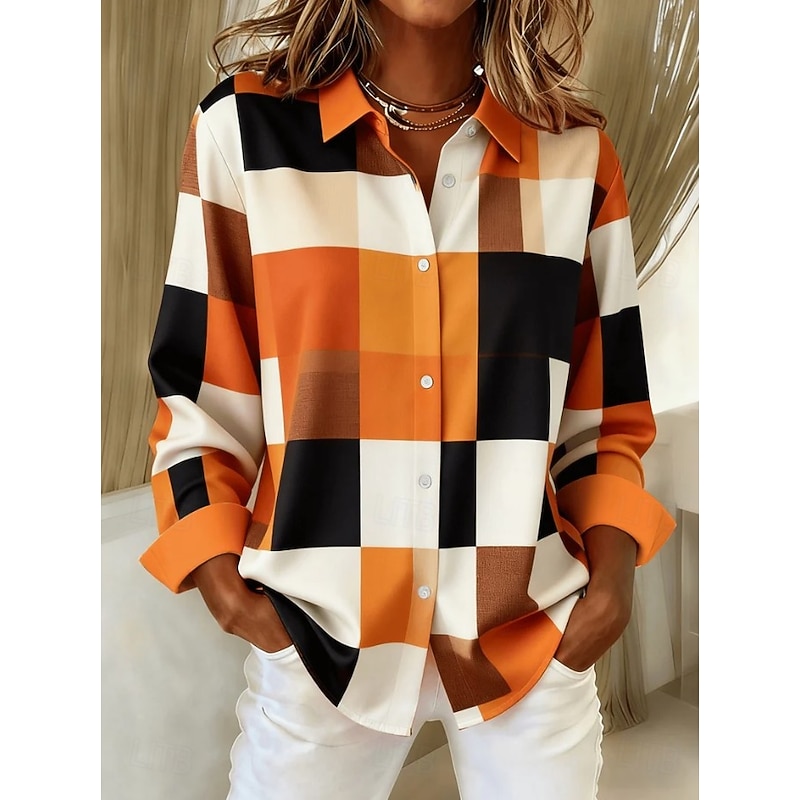 Women's Shirt Blouse Plaid Casual Long Sleeve Shirt Collar Regular Tops Daily Patchwork Buttons Print Light Green Pink Red Blue Orange Spring Fall Winter4