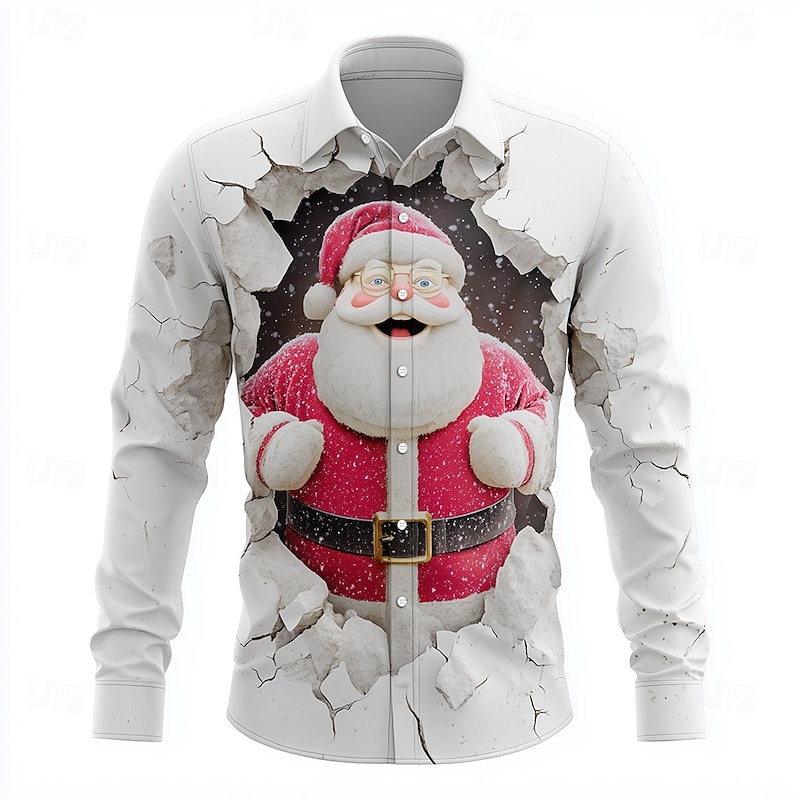 Christmas Men's Santa Claus Cracked Wall Shirt Button Up Shirt Long Sleeve Funny Outdoor Holiday Spring Fall Turndown 3D Print Collared Shirts White 1 White White 22