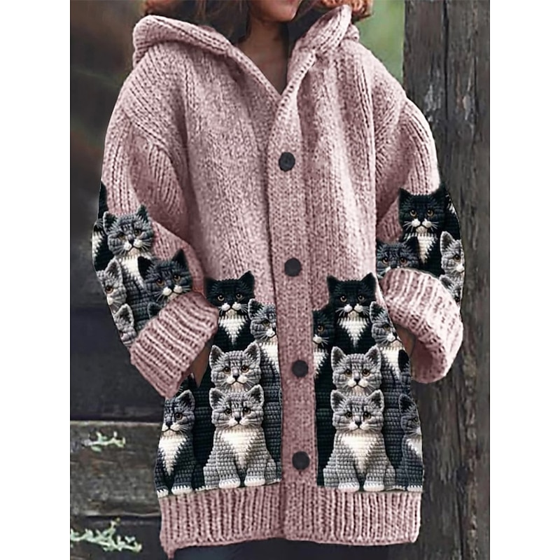 Women's Sweater Cardigan Casual Soft Animal Ribbed Hooded Pocket Buttons Knitted Long Sleeve Long Tops Knit Outdoor Daily Weekend Pink Blue Fall Winter2