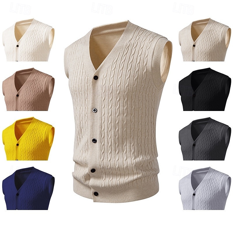 Men's Sweater Sweater Vest Cardigan Sweater Ribbed Knit Regular Tops Knitted Ribbed Plain V Neck Vacation Fashion Casual Daily Wear Clothing Apparel Fall Winter Black Yellow L XL 2XL