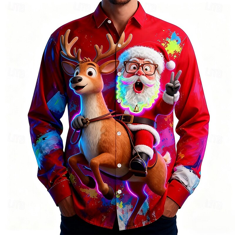 Christmas Men's Santa Claus Reindeer funny christmas Shirt Button Up Shirt Long Sleeve Funny Outdoor Holiday Spring Fall Turndown 3D Print Collared Shirts Red