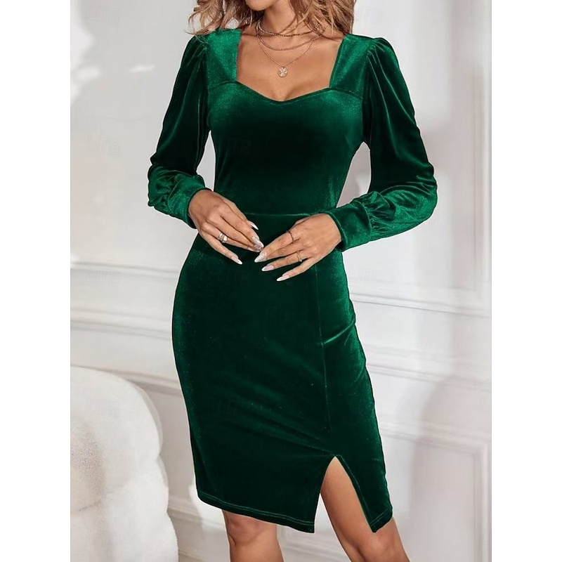 Women's Mini Dress Sheath Dress Elegant Party Cocktail Outdoor Party Wedding Guest Regular Fit Solid Color Long Sleeve Square Neck Wine Blue Green Spring Fall Winter3