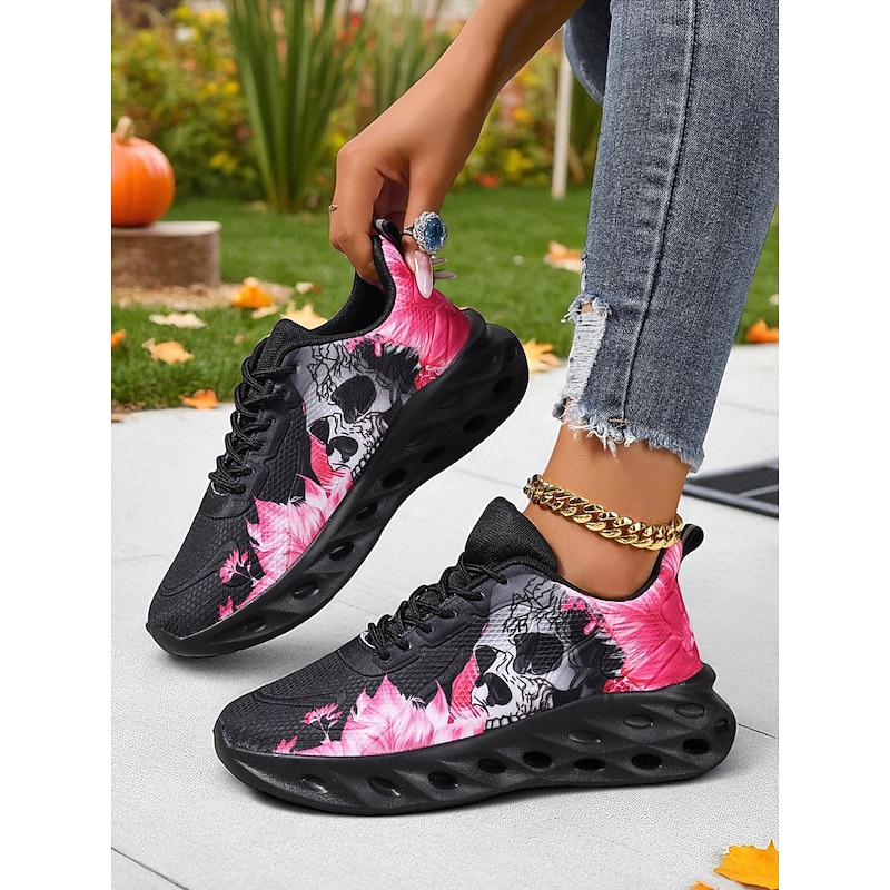 Women's Skull Print Sneakers – Gothic Halloween Casual Running Shoes for Party, Streetwear and Festivals2