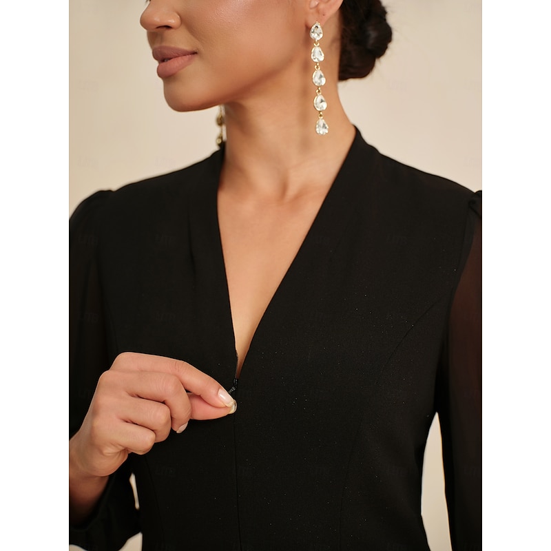 Women's Midi Dress Black Long Sleeve V Neck Fitted Silhouette Stretch Glitter Sheer Mesh Panel Concealed Zipper Elegant All Seasons3