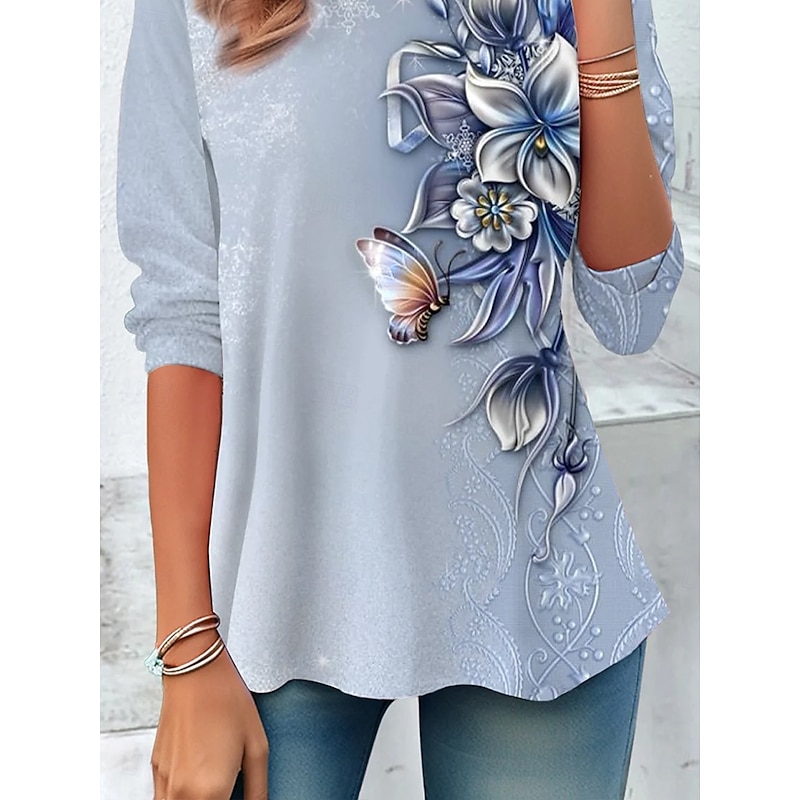 Women's T Shirt Floral Graphic Vintage Stylish Classic Long Sleeve Crew Neck Round Neck Regular Tops Daily Print Dusty Blue Spring Fall Winter3