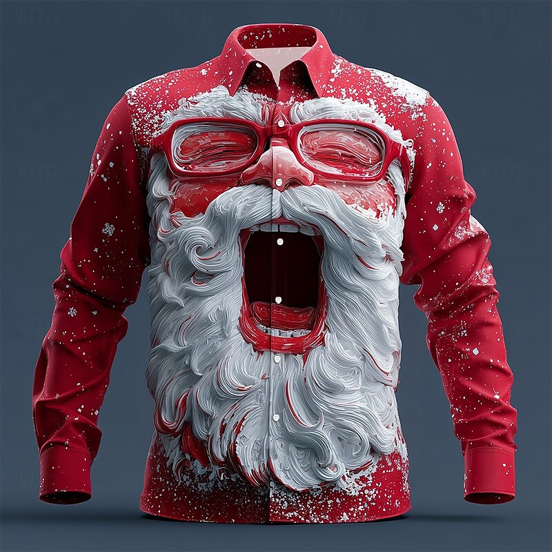 Christmas Men's Roaring Santa Claus funny christmas Shirt Button Up Shirt Long Sleeve Funny Outdoor Holiday Spring Fall Turndown 3D Print Collared Shirts Red 1 White Red3