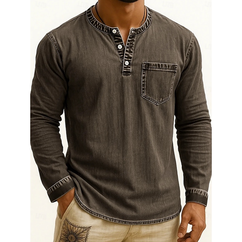 Men's Henley Shirt Tee Vintage Shirt Long Sleeve Solid Color Plain Solid Vintage Fashion Retro Buttons Henley Outdoor Casual Daily Summer Spring All Seasons Black Pink Gray Henley T-Shirt2