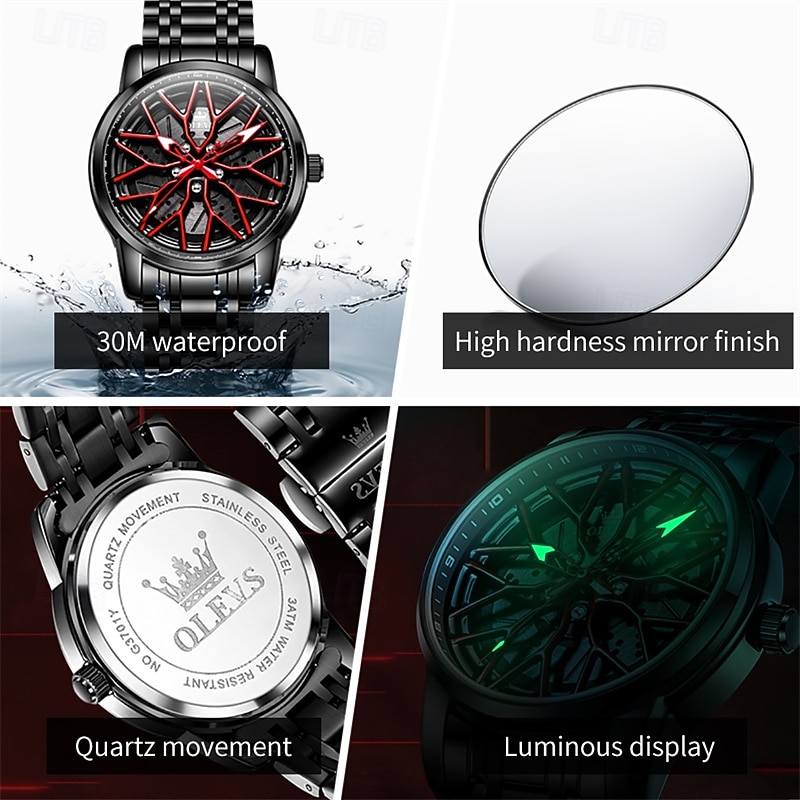 The New Olevs Men'S Business Watch With Luminous Skeletonized Rotating Wheel Hub Caliper Quartz Watch Is A Fashionable Casual And Waterproof Men'S Sports Wristwatch