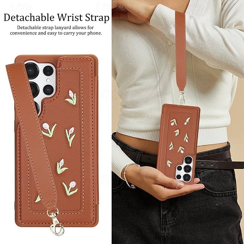 Phone Case For Samsung Galaxy S25 S24 S23 Ultra Plus A56 A36 A16 A55 5G A35 5G A15 A14 Back Cover with Lanyard Kickstand Card Slot Retro Flower Floral TPU PU Leather2