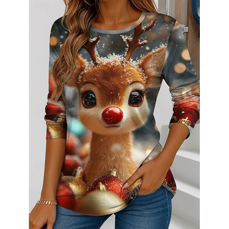 Christmas Women's T Shirt Santa Claus Reindeer Snowflake Vintage Stylish Classic Long Sleeve Crew Neck Round Neck Regular Tops Weekend Print Sage Green Army Green Royal Blue Blue Gold Winter