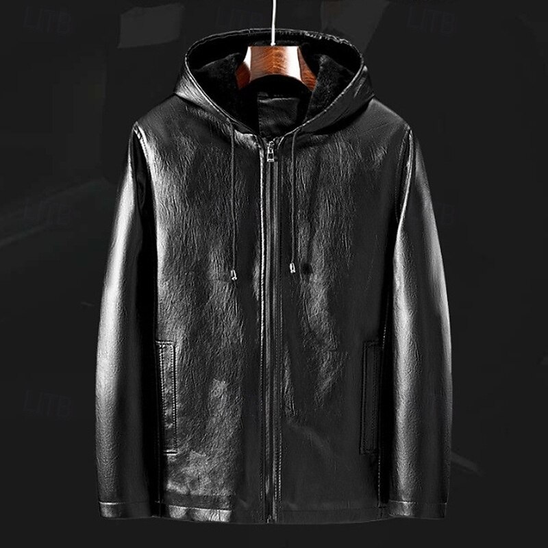 Men's Faux Leather Jacket Biker Jacket Motorcycle Jacket Vacation Daily Windproof Warm Pocket Fall Winter Plain Fashion Classic Hooded Regular Black Jacket4