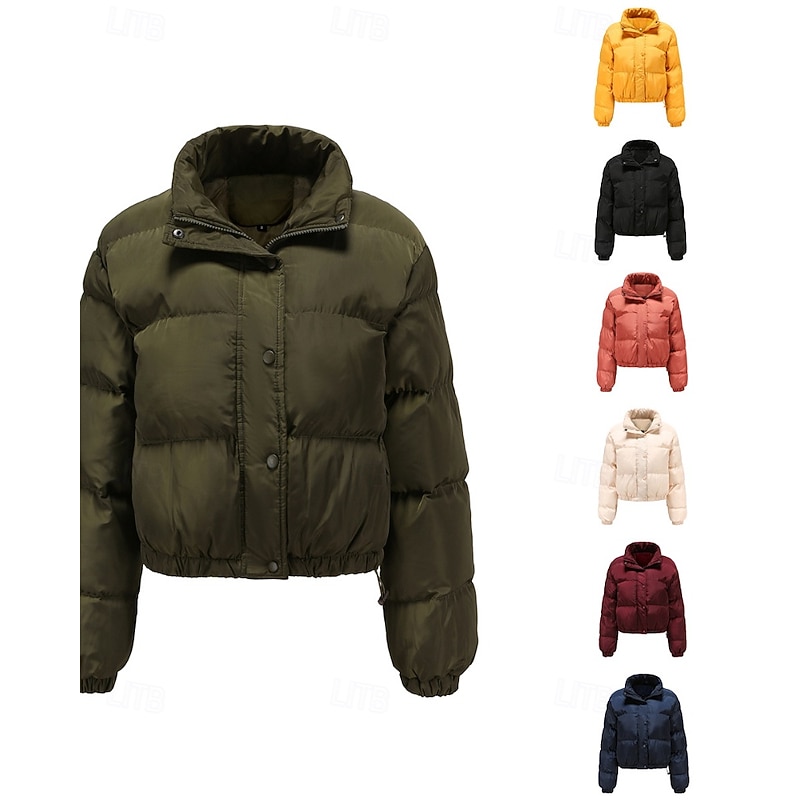 Women's Winter Coat Quilted Jacket Warm Comfortable Zipper Pocket Casual Plain Vacation Daily Wear Going out Weekend Short Stand Collar Loose Fit Long Sleeve Outerwear Black Yellow Wine Fall Winter