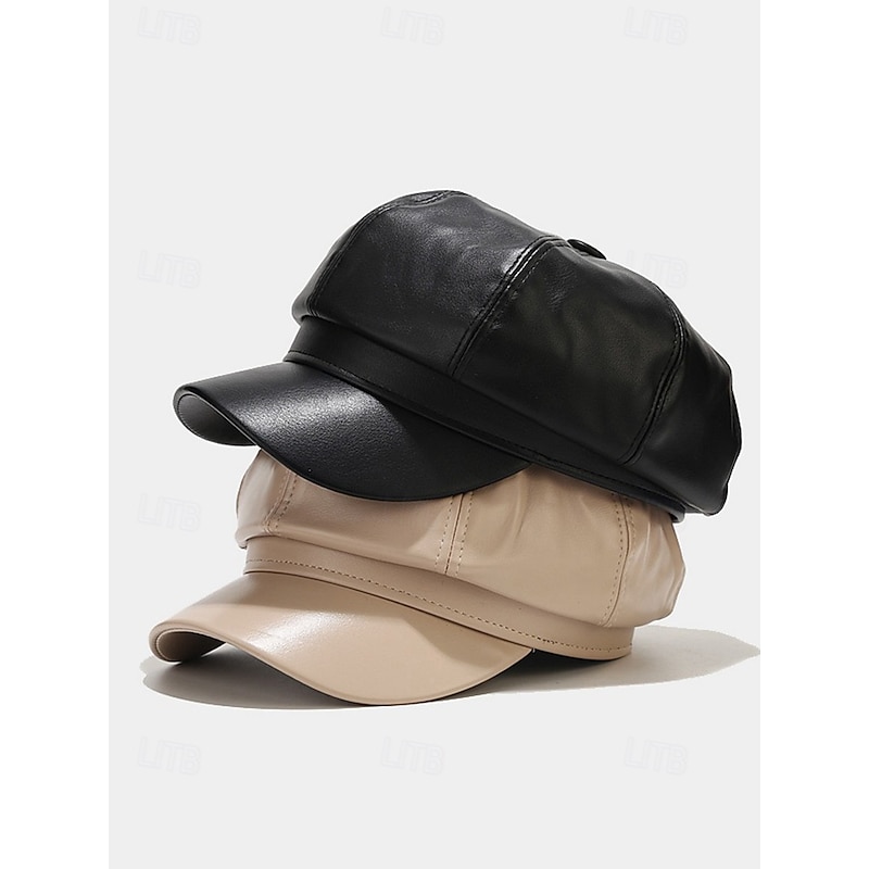 Women's Faux Leather Newsboy Cap, Vintage Octagonal Baker Boy Hat Fashion Retro Streetwear Accessory for Fall and Winter3