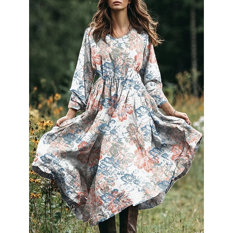 Women's Midi Dress A Line Dress Vacation Casual Boho Daily Beach Loose Fit Floral Graphic Paisley Long Sleeve V Neck Pink Blue Purple Green Spring Fall Winter Autumn
