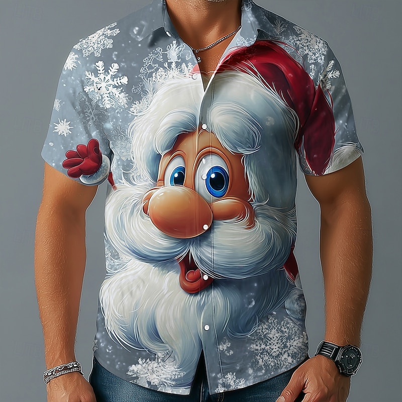 Christmas Men's Cartoon Santa Claus Snowflake Shirt Button Up Shirt Short Sleeve Funny Outdoor Holiday Summer Spring Turndown 3D Print Collared Shirts Blue 2# Blue 1# Blue2
