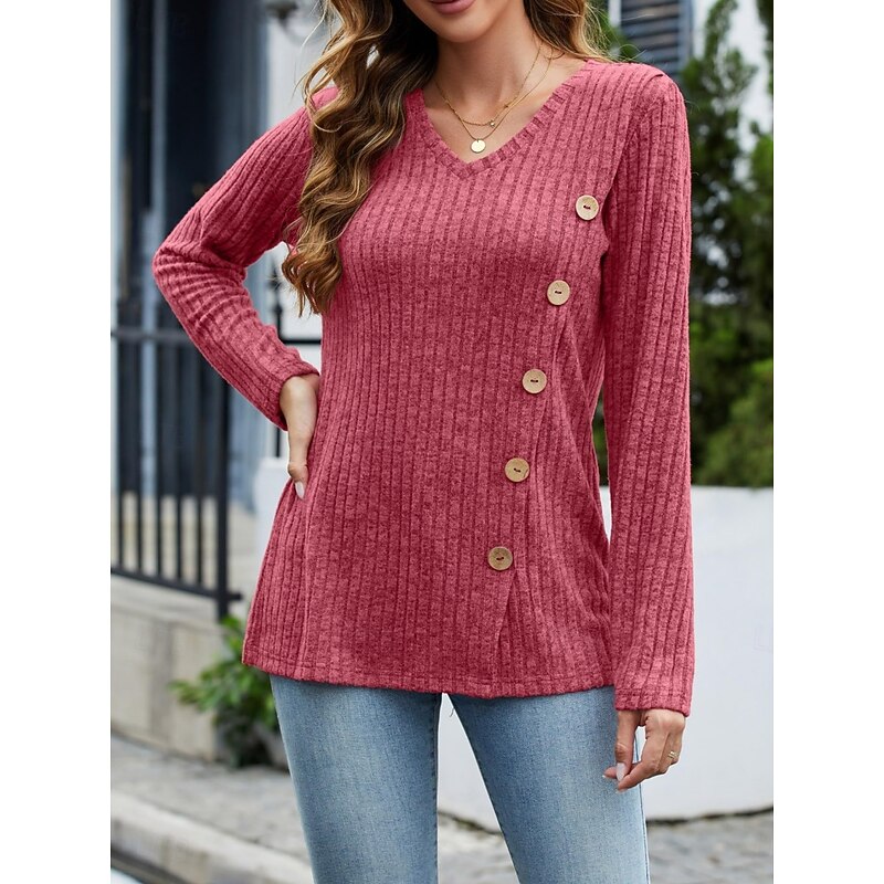 Women's Blouse Solid Color Stylish Casual Long Sleeve V Neck Regular Tops Daily Buttons Red Blue Green Apricot Spring Fall Winter3