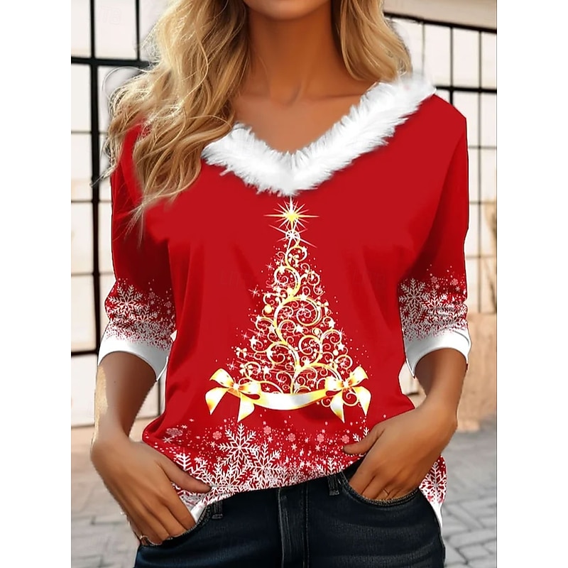 Christmas Women's T Shirt Graphic Christmas Tree Vintage Stylish Classic Long Sleeve V Neck Regular Tops Daily Patchwork Print Pink Red Blue Green Fall Winter