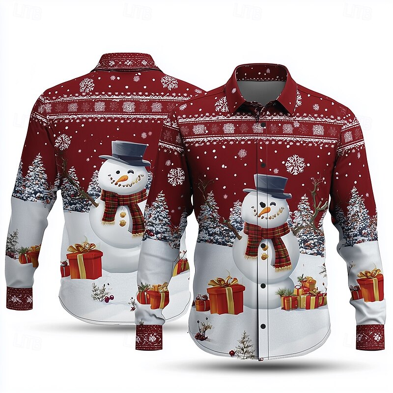 Christmas Men's Snowman Snowflake Christmas Gift Shirt Button Up Shirt Long Sleeve Funny Outdoor Holiday Spring Fall Turndown 3D Print Collared Shirts Red 1 Red2