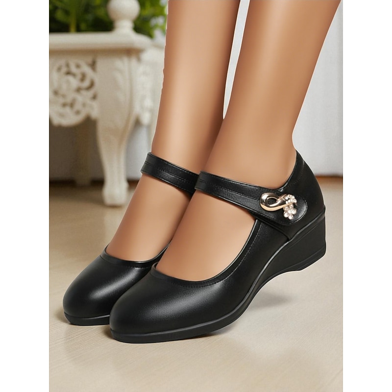 Women's Comfort Mary Jane Work Shoes with Low Wedge Heel - Black & Brown Faux Leather Office Flats with Decorative Buckle for Daily Walking, Long Hours Standing and Indoor Workwear3