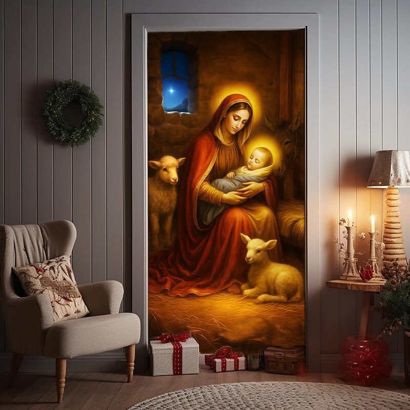 Christmas Door Cover, Holy Mother and Child Nativity Religious Door Curtain Backdrop for Xmas Party, Church and Home Holiday Decorations2