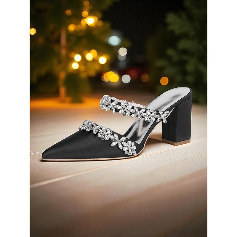 Women's Black Satin Block Heel Mules with Rhinestone Floral Straps - Elegant Pointed Toe Shoes for Formal Events and Nightlife Parties