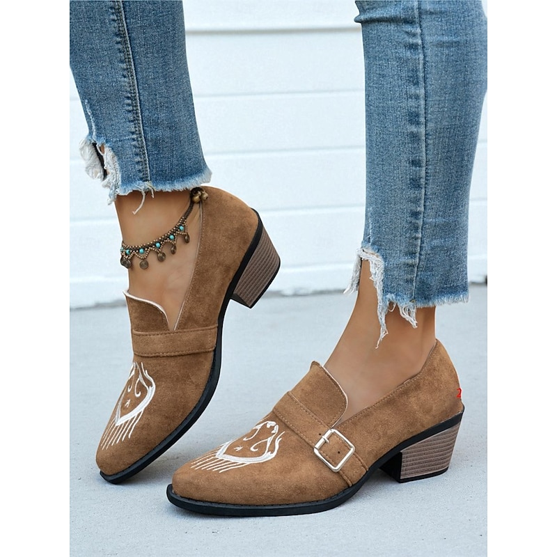 Women's Brown Embroidered Chunky Heel Shoes with Buckle Strap – Western Style Shoes for Casual Outfits and Festivals
