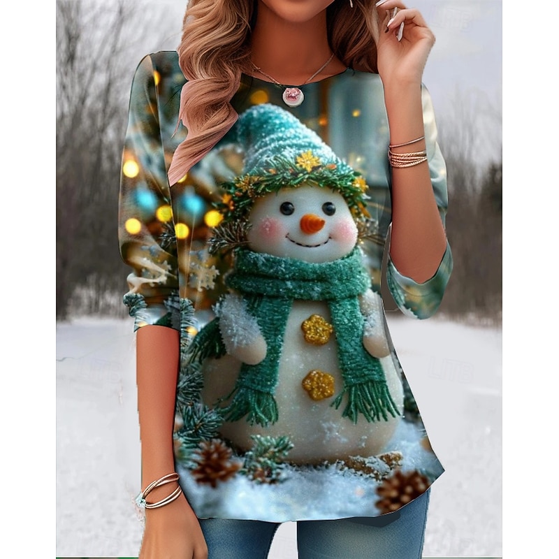 Christmas Women's T Shirt Graphic Snowman Fashion Casual Long Sleeve Crew Neck Round Neck Regular Tops Daily Weekend Print Pink Gold Green Summer Spring Fall Winter2