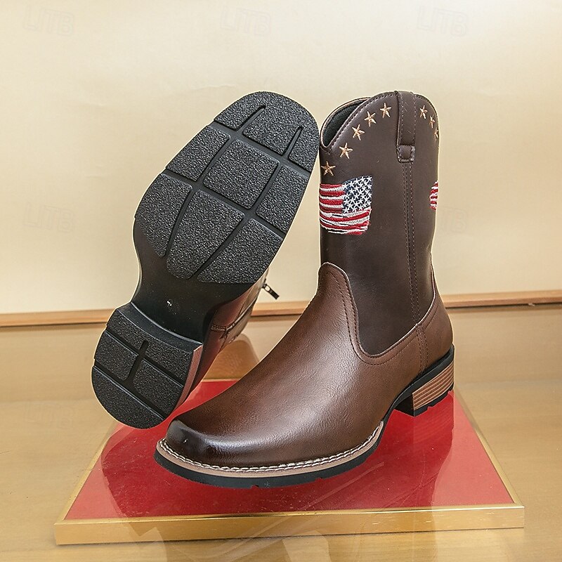 Men's Western Cowboy Boots with American Flag Embroidery, Square Toe Design, Durable Outsole, Patriotic Rodeo Style Footwear for Ranch, Country Music Festivals, Horse Riding and Outdoor Wear4