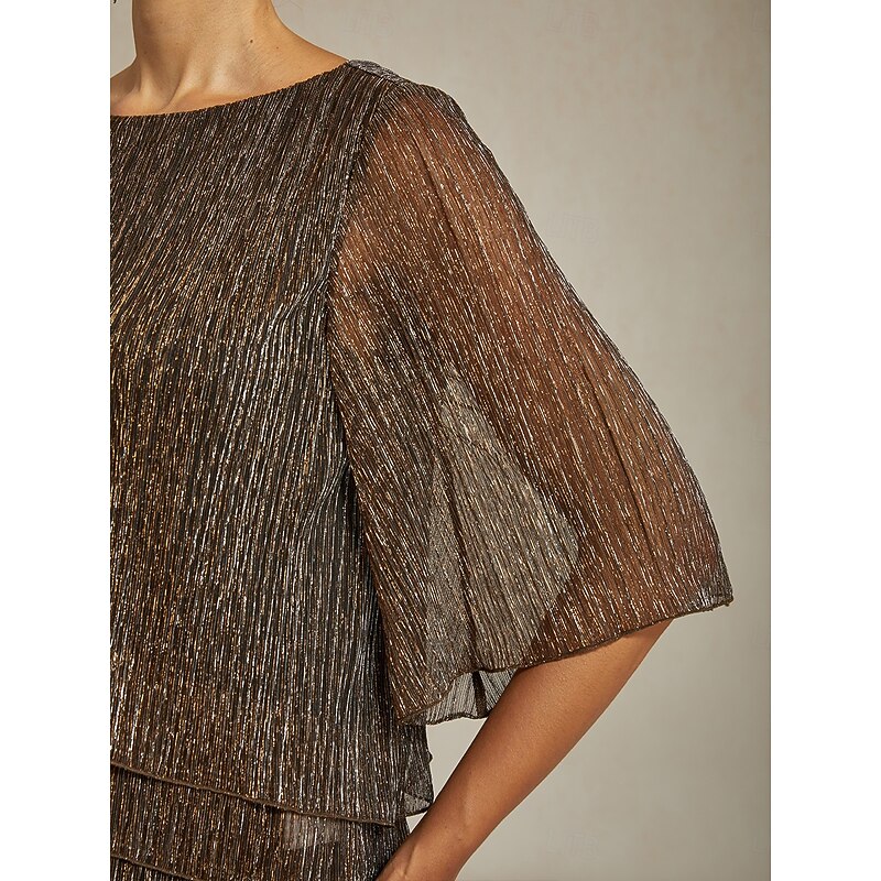 Women's Blouse Dressy Tops Flowy Tops Chiffon Tops Elegant Vintage Stylish 3/4 Length Sleeve Crew Neck Boat Neck Work Daily Date Night Outfits Sequins Pleated Patchwork Brown Spring Fall2