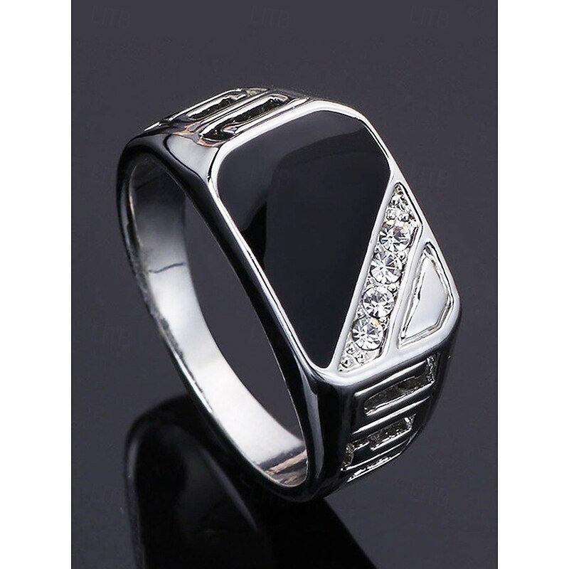 Men's Alloy Ring with Black Onyx and Zircon Accents, Vintage Geometric Statement Jewelry for Parties, Weddings & Daily Wear