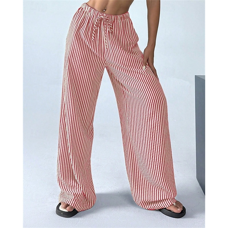 Women's Wide Leg Chinos Pants Trousers Vacation Vintage Streetwear Full Length Medium Waist Striped Pocket Elastic Waist Comfortable Micro-elastic Outdoor Vacation Daily Apricot Black Red Green4