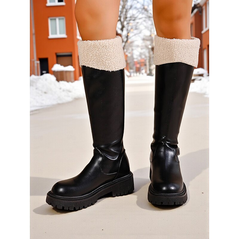 Women's Black Faux Leather Knee High Boots with Warm Shearling Cuff and Lug Sole, Winter Outdoor Riding Boots for Casual Wear,Christmas Holidays & Outdoor Wear3