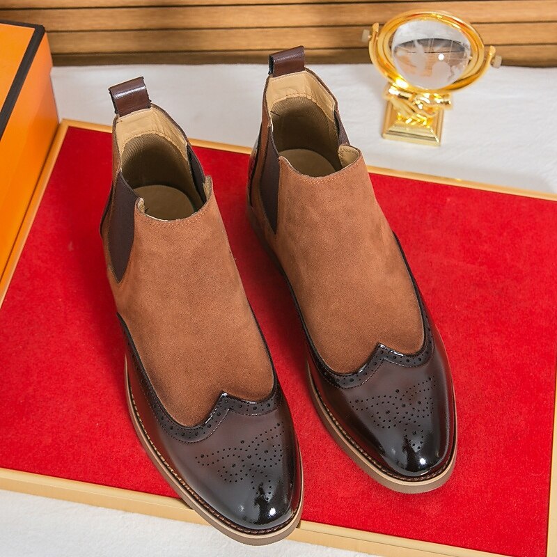 Men's Brown and Black Chelsea Boots with Brogue Detailing, Genuine Faux Leather Slip-On Ankle Boots for Business, Weddings and Smart Casual Wear4