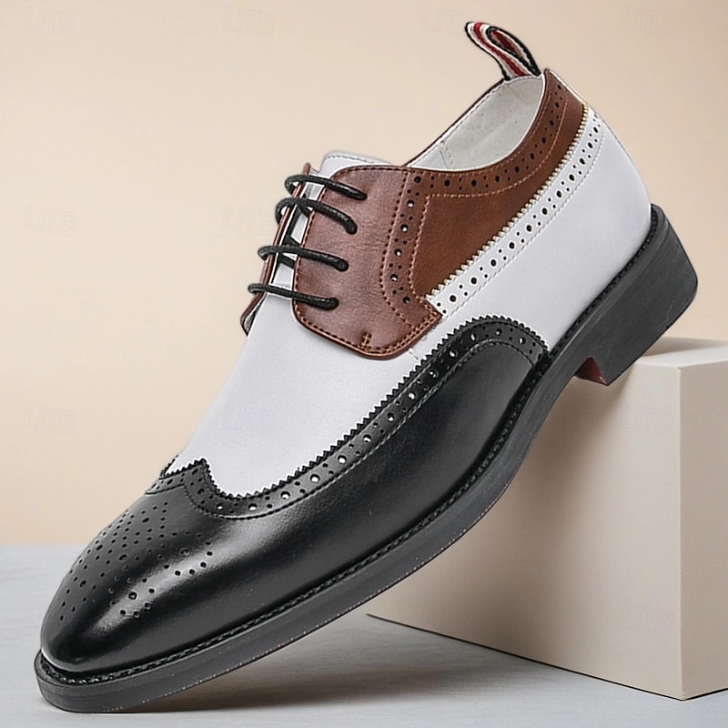 Men's Brown and White Oxford Dress Shoes with Wingtip Design, Classic Two-Tone Faux Leather Shoes for Business, Weddings and Gatsby-Themed Parties