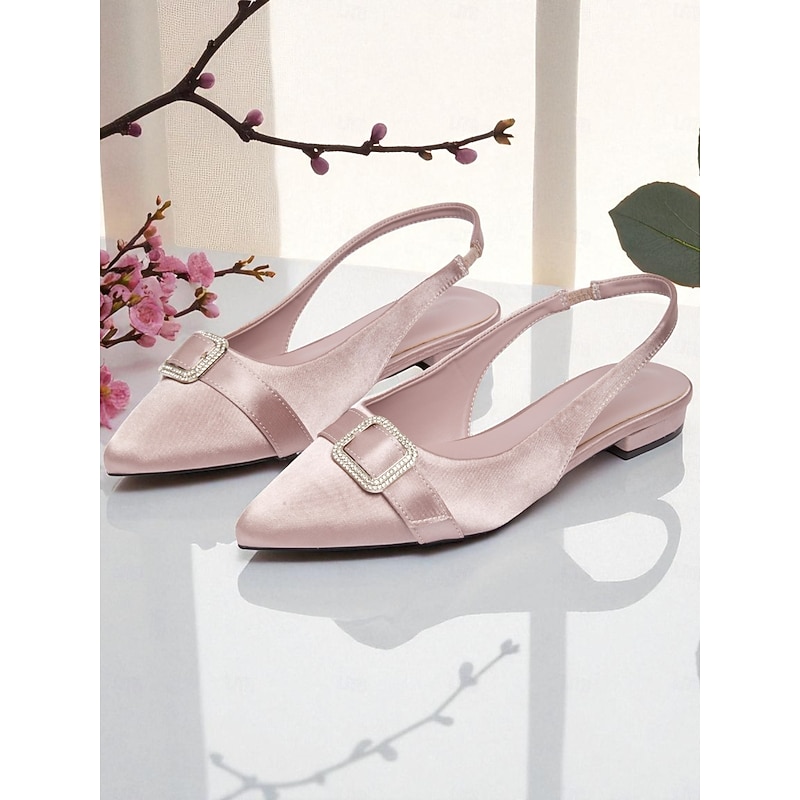 Women's Pink Satin Slingback Flats with Rhinestone Buckle, Elegant Pointed Toe Low Heel Shoes for Cocktail Parties & Evening Events