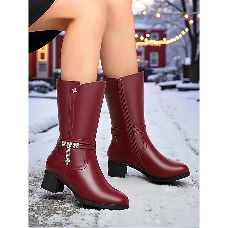 Women's Warm Fur Lined Mid-Calf Boots with Low Block Heel, Red Faux Leather Winter Snow Booties, Slip Resistant Cozy Fashion Shoes for Cold Weather, Outdoor Travel and Holiday Wear3