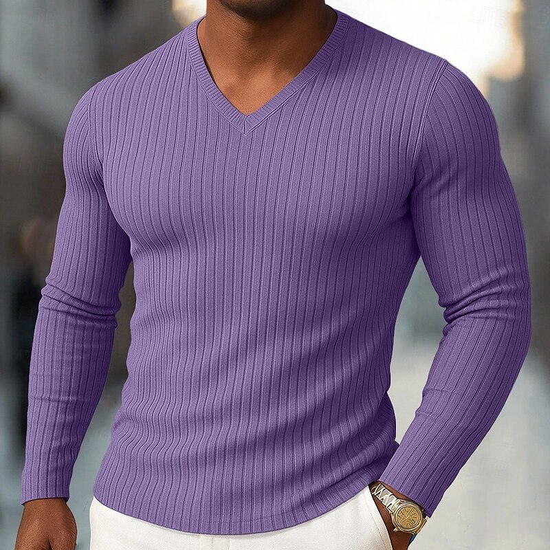 Men's T Shirt Muscle Shirt Ribbed Knit tee Tee Top Long Sleeve V Neck Spring Fall Winter Plain Pit Strip Fashion Designer Basic Knitting Vacation Street Casual Black Blue Purple Top Tee for Men4