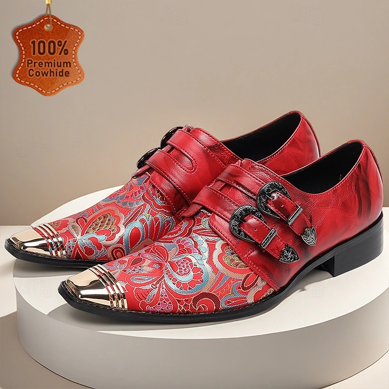 Men's Red Genuine Leather Monk Strap Dress Shoes with Paisley Print and Metal Toe Cap, 100% Cowhide Formal Party Shoes for Stage and Evening Fashion