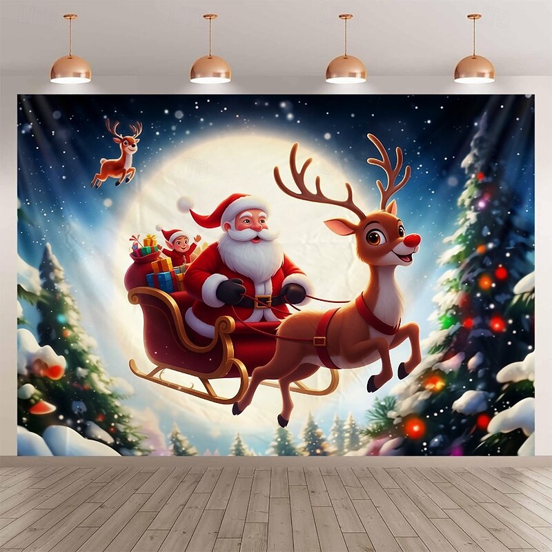 Christmas Hanging Tapestry Santa Claus with Reindeer under Moonlight Large Wall Art Mural Decor Blanket Curtain Holiday Home Bedroom Living Room Festive Seasonal Winter Holiday Decoration2